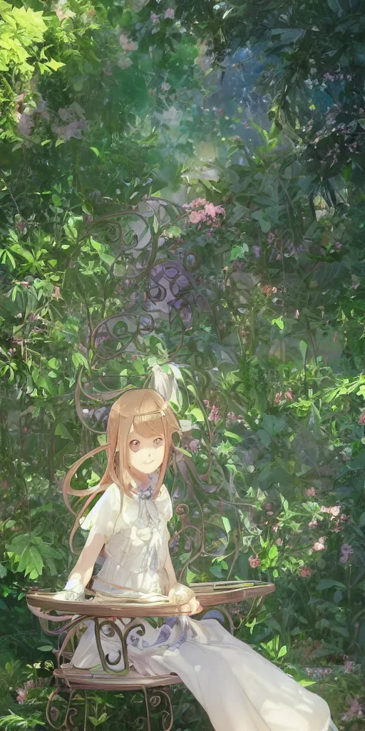 Prompt: a digital art of a loli with long hair in a dress sitting on a metal garden chair in the privet garden at afternoon, green and warm theme, back lighting, by krenz cushart and mucha and greg rutkowski and makoto shinkai, extremely long shot, detailed eyes, 4 k resolution, trending on art station