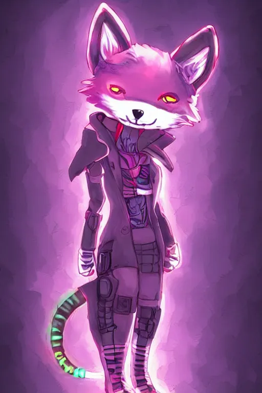 Image similar to a cyberpunk anthropomorphic fox with a fluffy tail, comic art, trending on furaffinity, cartoon, kawaii, backlighting, furry art!!!, chibi, neon