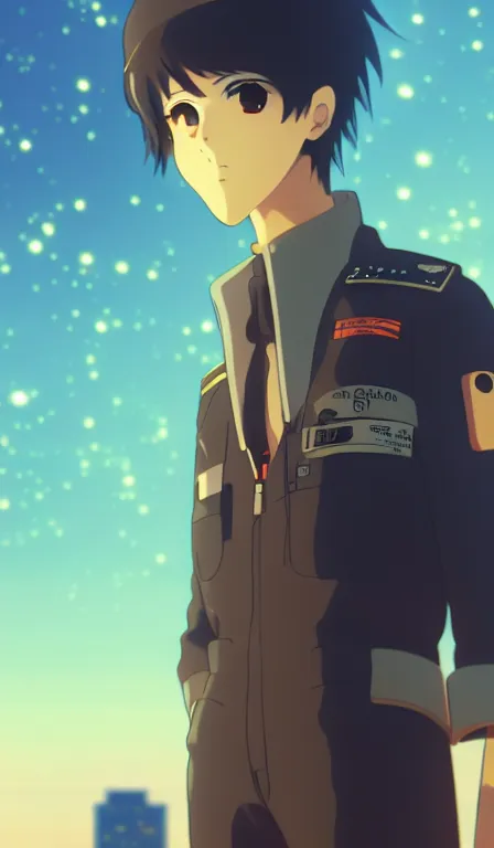 Image similar to anime fine details portrait of Pilot in front of cyberpunk moder city landscape on the background deep bokeh, close-up view, anime masterpiece by Studio Ghibli. 8k, sharp high quality anime, artstation