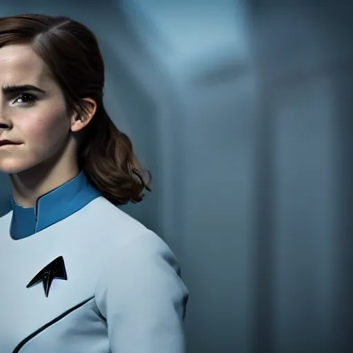 Image similar to Emma Watson in Star Trek, XF IQ4, f/1.4, ISO 200, 1/160s, 8K, Sense of Depth, color and contrast corrected, RAW, Dolby Vision, symmetrical balance, in-frame