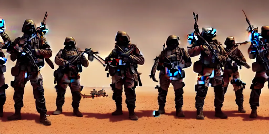 Image similar to highly detailed image of a tactical squad of hamsters dressed in tactical gear holding rifles, in a desert, stephen bliss, unreal engine, fantasy art by greg rutkowski, global illumination, detailed and intricate environment