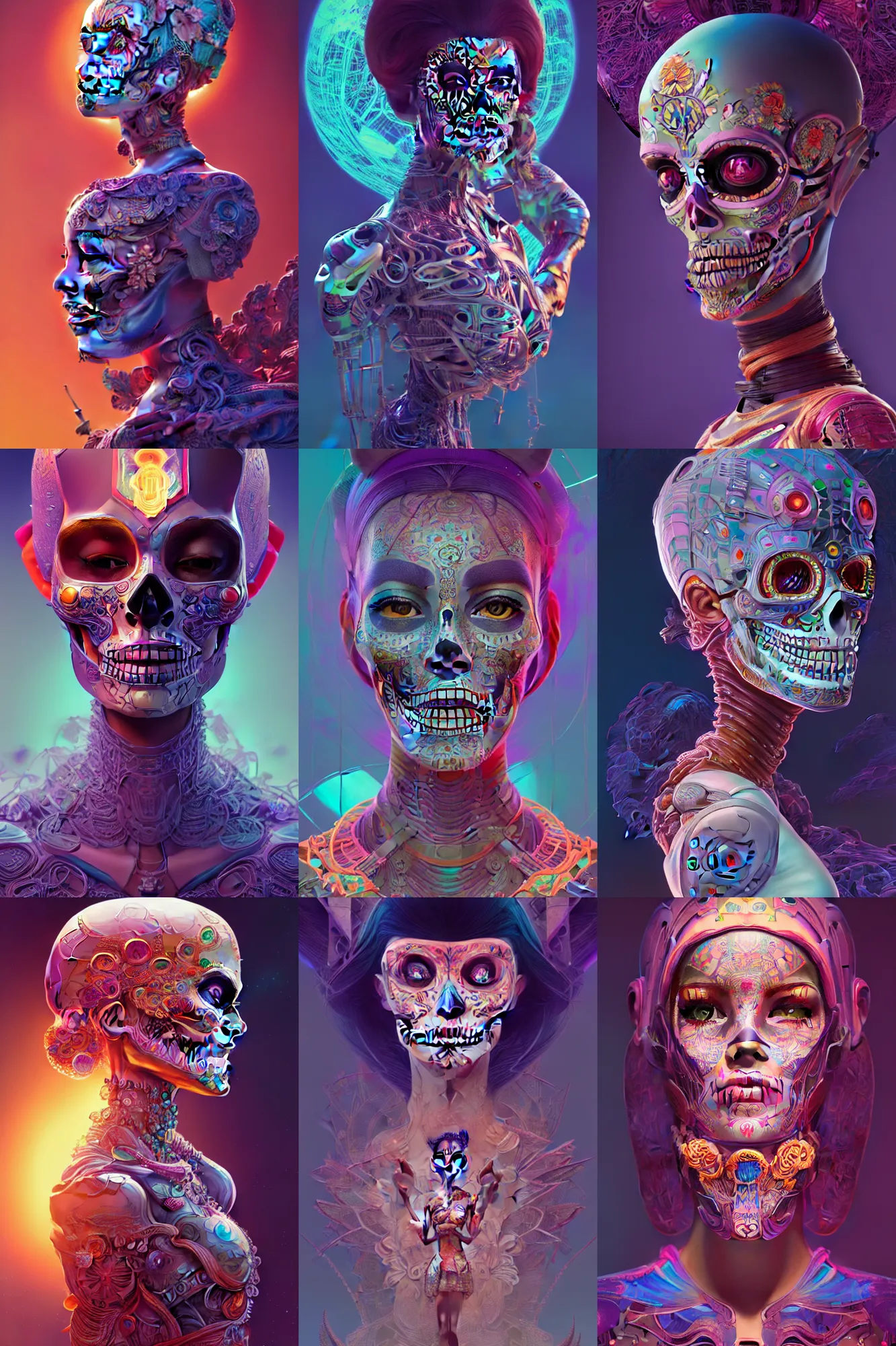 Prompt: beautiful female android, highly detailed vfx side portrait, intricate detailed environment, global illumination, photorealistic, octane render, digital illustration, concept art, dia de los muertos, 8 k. by james jean and moebius and artgerm and liam brazier and victo ngai and tristan eaton