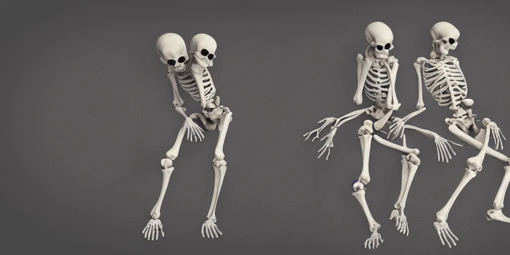 Prompt: realistic skeletons holding each other in fear for their lives, dimly lit underground wide angle view, chaos v-ray render