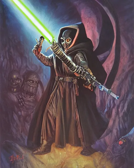 Image similar to portrait of Rosie O’ Donnel with lightsaber as a powerful dungeons and dragons warlock, wearing dark robe, intricately detailed, lovecraftian, realistic, oil painting, by jeff easley, boris vallejo, cinematic lighting