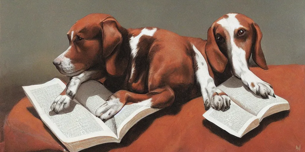 Prompt: a dog reading a book, by berthe moriso