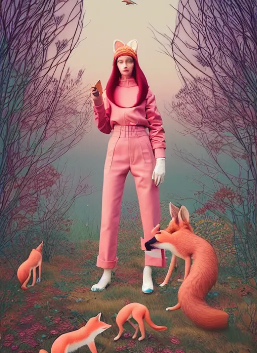 Image similar to pretty model with foxes : : by martine johanna and simon stalenhag and chie yoshii and casey weldon and wlop : : ornate, dynamic, particulate, rich colors, intricate, elegant, highly detailed, vogue, harper's bazaar art, fashion magazine, smooth, sharp focus, 8 k, octane render,