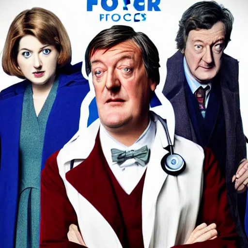 Image similar to stephen fry as doctor who, bbc promotional artwork, full cast shot