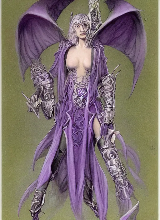 Image similar to portrait of young female sorceress of the endtimes, transluscent skin, silver filigreed armor, lavender hair, beautiful! coherent! dungeons and dragons character, by brian froud, strong line, cool night color, high contrast