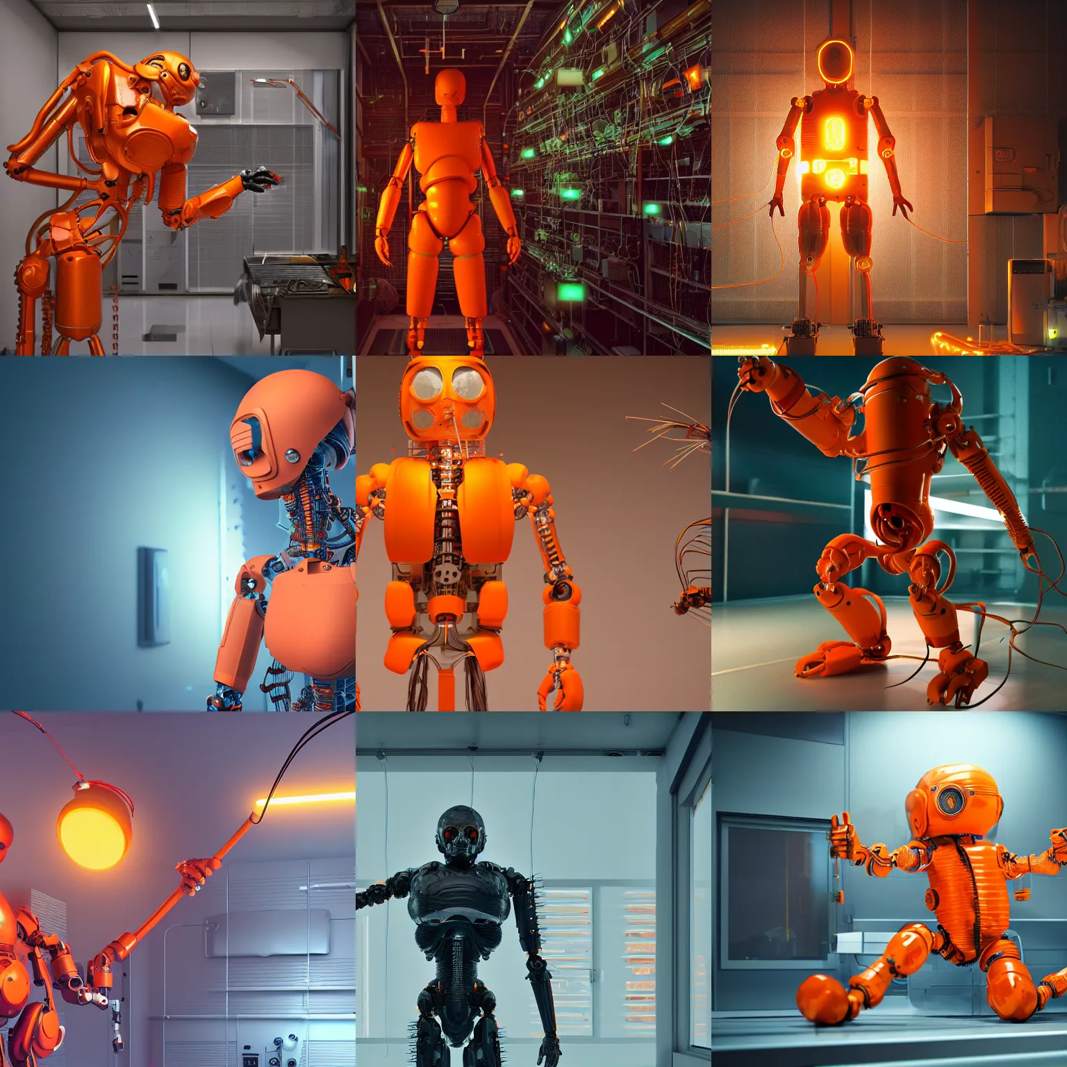 Prompt: tangerine humanoid attached by a heavy, mechanical, industrial arm, clean room, scifi, lots of wires, electricity crackling, award winning digital art, octane render