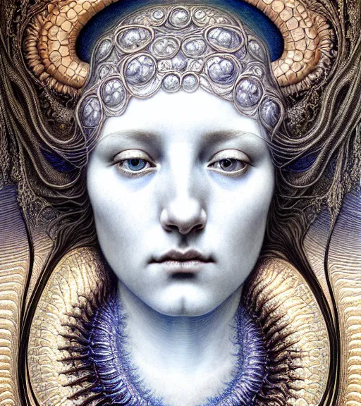 Image similar to detailed realistic beautiful celestial goddess face portrait by jean delville, gustave dore, iris van herpen and marco mazzoni, art forms of nature by ernst haeckel, art nouveau, symbolist, visionary, gothic, neo - gothic, pre - raphaelite, fractal lace, intricate alien botanicals, ai biodiversity, surreality, hyperdetailed ultrasharp octane render