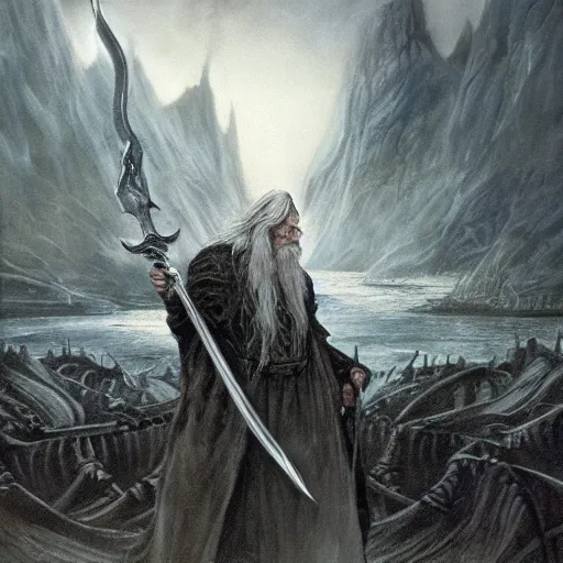 Image similar to gandalf with a sword in his hand on a bridge fighting an enormous balrog from hell, by alan lee, lord of the rings, smooth, detailed terrain, oil painting, matte painting, concept art, trending on artstation