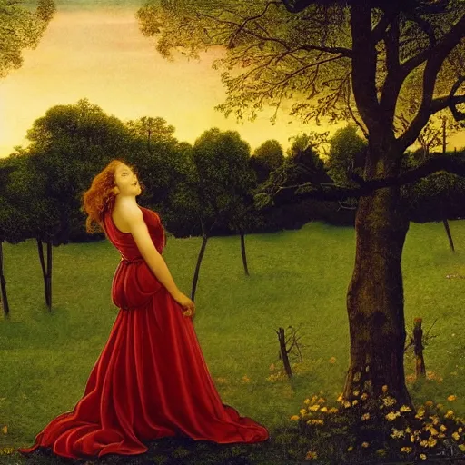 Prompt: scarlett johanson, spring, oak trees, sunset, by boticelli