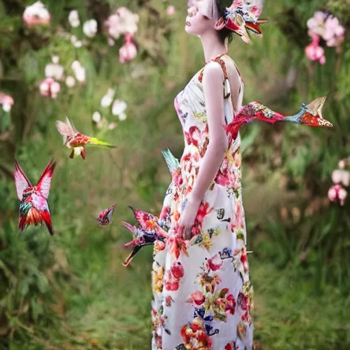 Image similar to a beautiful girl wearing an origami dress eye - level medium shot, fine floral ornaments in cloth and hair, hummingbirds, elegant, by eiko