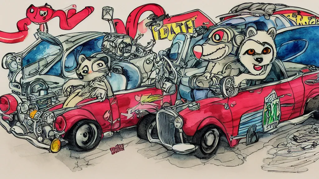 Image similar to cute and funny, racoon riding in a tiny hot rod coupe with oversized engine, ratfink style by ed roth, centered award winning watercolor pen illustration, by chihiro iwasaki, edited by range murata