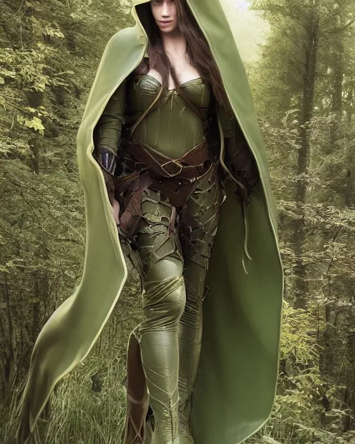 Image similar to a beautiful photo of a young woman, green elf ranger with long flowing hair and a green leather hood, elf ranger leather armor with olive green and brown colors and gold lining, young female face, realistic body proportions, inside deep in a magical forest, cinematic top lighting, insanely detailed and intricate, face by wlop, Charlie Bowater, designs by zhelong xu and gustave doré, golden ratio, symmetric, elegant, ornate, luxury, elite, matte painting, cinematic, trending on artstation, deviantart and cgsociety, 8k, high resolution