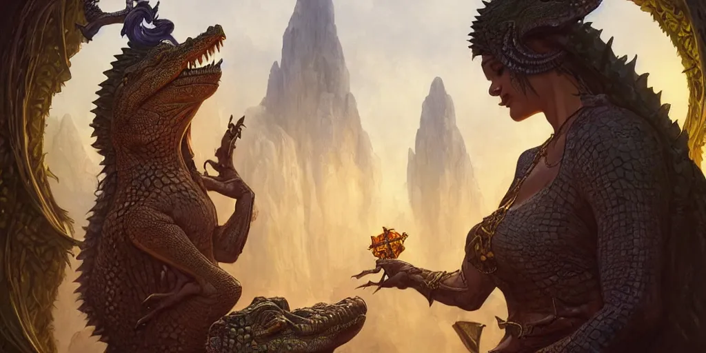 Image similar to crocodile lair priestess ceremony, deep focus, d & d, fantasy, intricate, elegant, highly detailed, digital painting, artstation, concept art, matte, sharp focus, illustration, hearthstone, art by artgerm and greg rutkowski and alphonse mucha