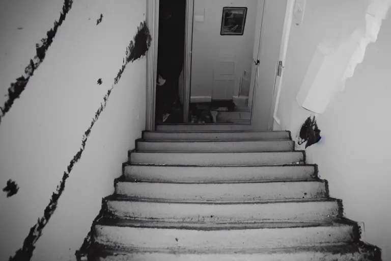 Image similar to standing at the top of stairs in a house, looking down over the shoulder at the ghost of a man at the bottom