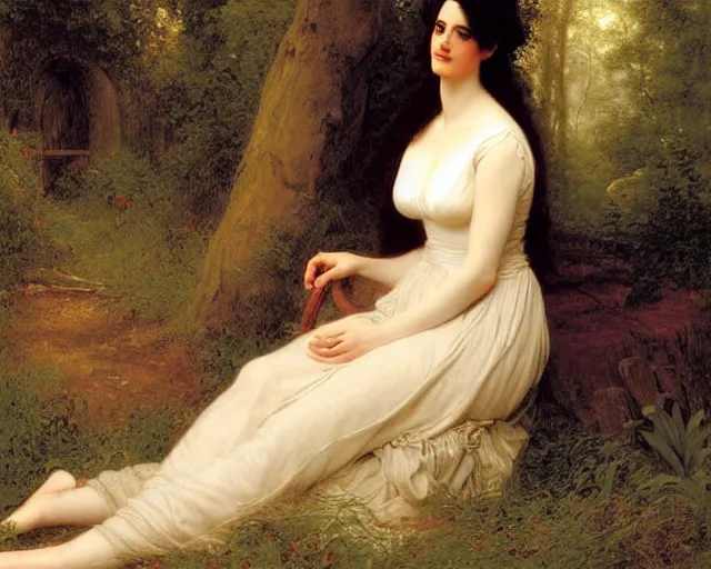 Prompt: portrait en buste of eva green vesper lynd vannessa ives in repose by Hughes Merle, by Pierre Auguste Cot, perfectly detailed eyes, realistic fabric, abundant detail