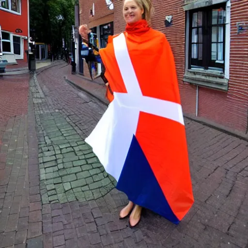 Prompt: a dutch woman, wrapped in the flag of the netherlands