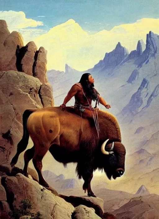 Image similar to beautiful native american riding bison, buffalo, powerful native american warrior, mountain range, beautiful sky, standing on the edge of a cliff, nineteenth century, painted by frazetta