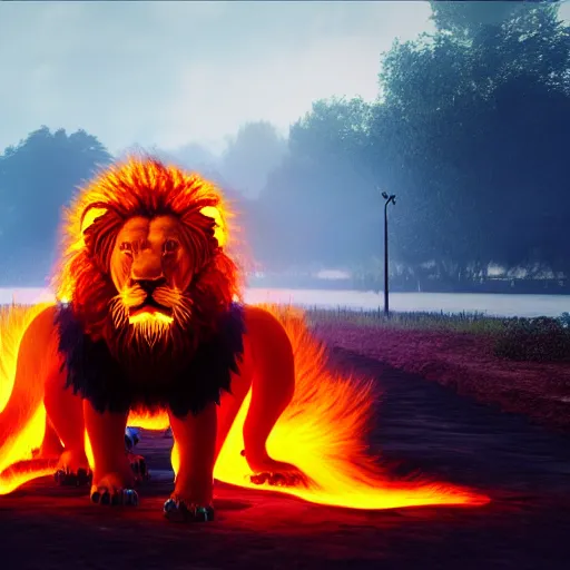 Prompt: fire lion, flaming, detail, unreal engine, cinematic lighting, colorful