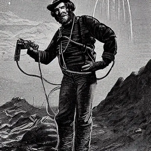 Prompt: 19th century scruffy american trapper, on mars, pulp science fiction illustration