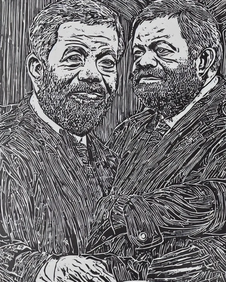 Image similar to a detailed lifelike linocut engraving of president lula