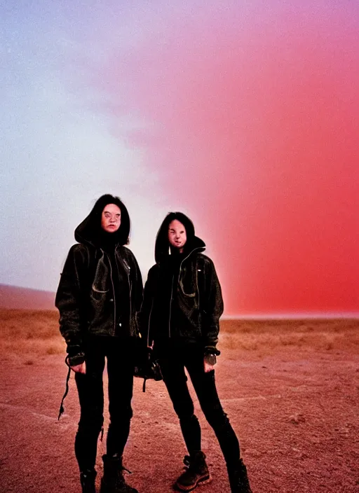 Image similar to cinestill 5 0 d photographic portrait of two loving female androids wearing rugged black techwear on a desolate plain with a red sky, extreme closeup, lizard on ground, cyberpunk style, in front of a brutalist dark metal facility, dust storm, 8 k, hd, high resolution, 3 5 mm, f / 3 2, realistic faces