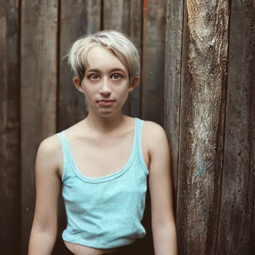 Prompt: cottagecore cyberpunk portrait photograph of a cute young woman, short hair, naturist, natural, tank top, Cinestill 800T