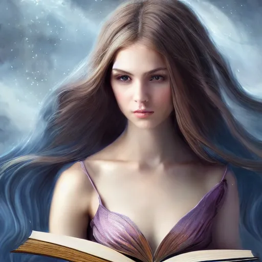 Image similar to a girl with magic book coming out from her arms, under the skin, ultradetailed, hair flowing down, 8 k, hyperrealistic, hyperdetailed, fantasy portrait by laura sava