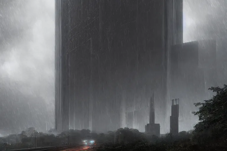 Prompt: a towering cathedral of brutalist architecture, metal, concrete, mist, rain, night, dramatic lighting, lightning bolt, trending on Artstation, 8k, photorealistic, hyper detailed, unreal engine 5, IMAX quality, cinematic, epic lighting, in the style of Greg Rutkowski