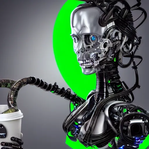 Image similar to the upper torso of a terminator cyborg lady with borg implants, human face and robotic snakes coming out of her head. She is hanging from cables and wires off the ceiling of an abandoned lab and plugged into a server computer. Her bottom half is missing with cables hanging out. She is taking a sip from a cup of coffee. Tiny green led lights in her cybernetics. very detailed 8k. Horror cyberpunk style.