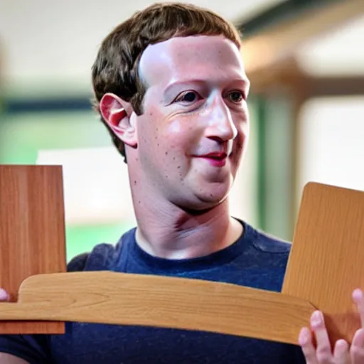 Image similar to mark zuckerberg holding circular, patterned wooden coaster up to the camera