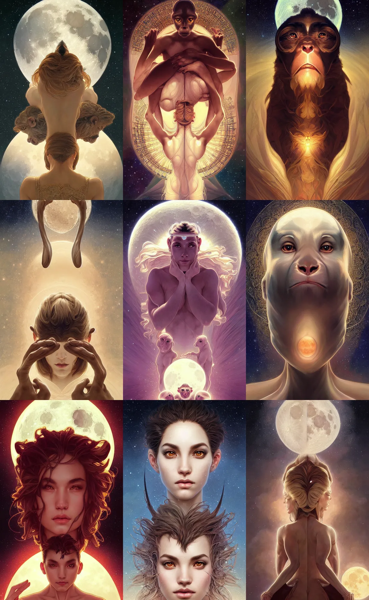 Prompt: symmetry!! ultra realistic portrait of primates! cover art! moon and galaxy in background!, intricate, elegant, highly detailed, digital painting, artstation, concept art, smooth, sharp focus, illustration, art by artgerm and ross tran and greg rutkowski and alphonse mucha, 8 k