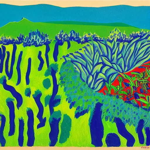 Image similar to painting of a lush natural scene on an alien planet by david hockney. beautiful landscape. weird vegetation. cliffs and water.