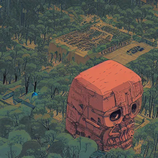 Image similar to aerial isometric view of a giant decaying robot head in middle of lush forest , highly detailed, sunset, by Victo Ngai and James Gilleard , Moebius, Laurie Greasley