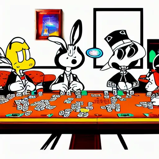 Image similar to a highly detailed vector picture of bugs bunny and captain cruch and snoopy and bender playing poker, art by dan mumford and yusuke murata and makoto shinkai and ross tran, octane render, 4 k resolution, trending on artstation, masterpiece