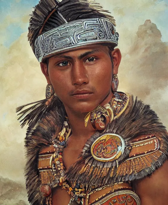 Image similar to portrait of a handsome young mayan warrior in yucatan, art by denys tsiperko and franz xaver kosler and bogdan rezunenko, hyperrealism