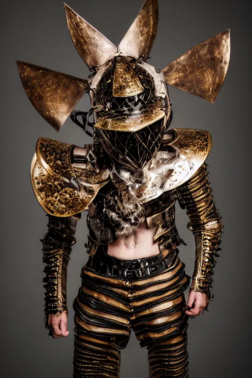 Prompt: very ashamed summoned demonic model, who was made posing in louis vuitton armor, luxury materials, symmetrical, cinematic, elegant, professional studio light, real dlsr photography, sharp focus, 4 k, ultra hd, sense of awe, high fashion