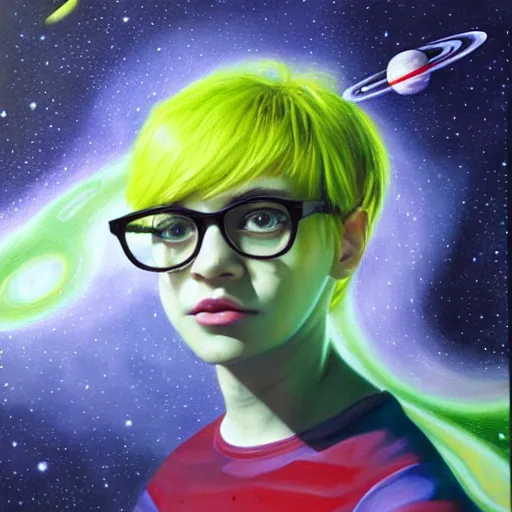 Prompt: hyperdetailed portrait of jade from homestuck floating in space between stars and planets, hyperrealism, detailed, oil painting