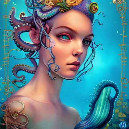 Image similar to lofi underwater mermaid portrait with an octopus, Pixar style, by Tristan Eaton Stanley Artgerm and Tom Bagshaw.