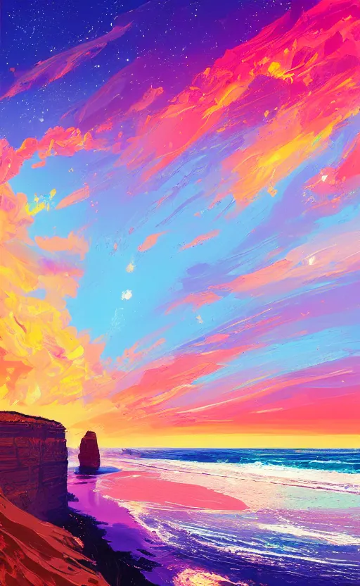 Image similar to a beautiful illustration of twelve apostles at sunset, art of alena aenami, featured on artstation, vertical orientation, paint brush strokes, expressionism, brushstroke - laden, breathtaking clouds, birds, ocean, beautiful stars, long exposure, gigantic sun, airy theme, red purple gradient, lens flare