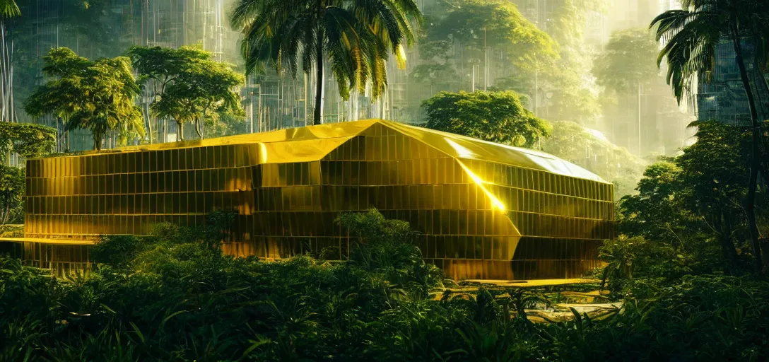 Image similar to futuristic shinny golden building in an jungle landscape of a biopunk city by taras shevchenko and wlop, movie poster, golden ratio, evening lighting, film still, realistic, octane render redshift arnold materials unreal engine, 8 k post production, hyper detailed