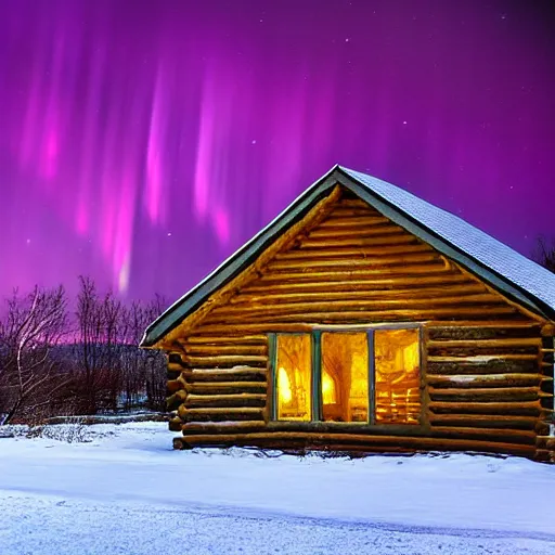 Image similar to log cabin in an icy polar scene, polar bear walking past, lit by bright aurora borealis, by john avon