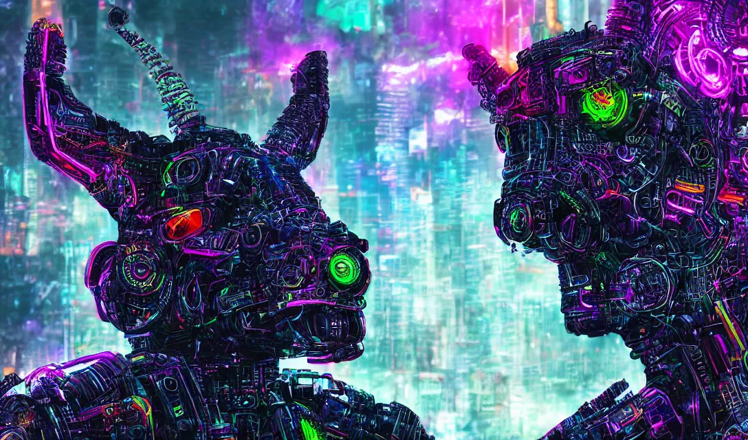 Prompt: complex cyberpunk machine background merged with evil cybernetic goat head, symmetric, multicolored digital art, 8k