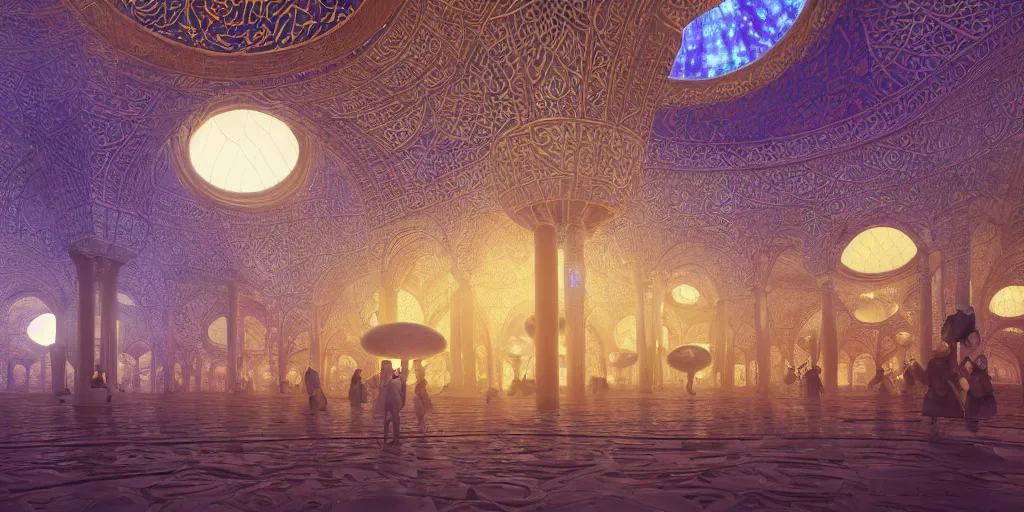 Image similar to Photorealistic mosque in giant glowing mushroom underworld, with great domes and arches, people and androids wearing traditional japanese clothing. Hyperdetailed photorealism, UHD, amazing depth, glowing rich colors, golden ration, 3D octane cycle unreal engine 5, 3d shading, cinematic lighting, artstation concept art