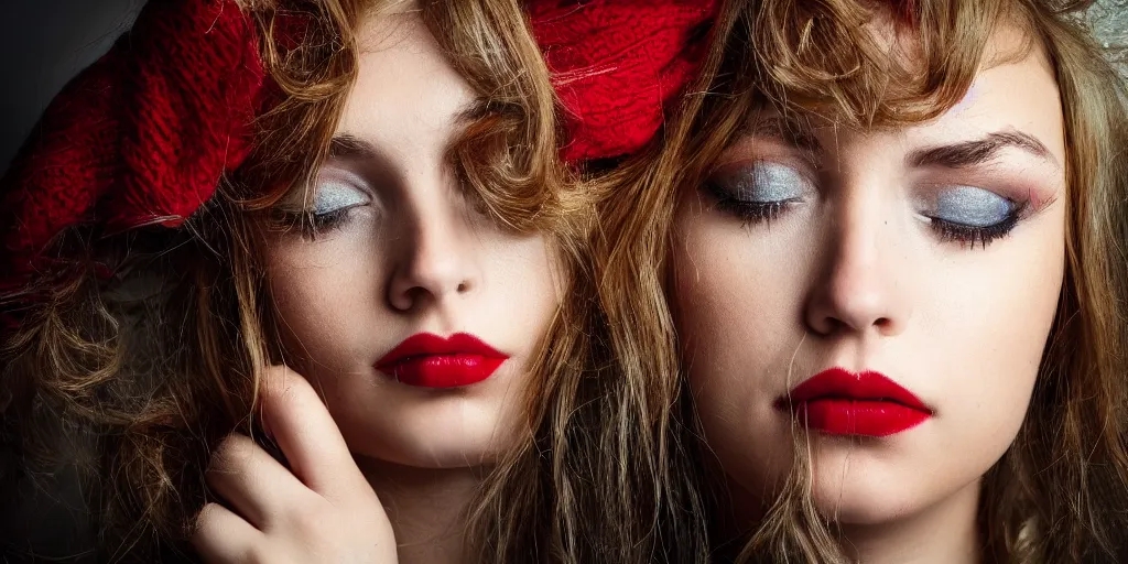 Prompt: a close up photo of a beautiful young woman with accents of yellow and red. Moody and melanchony