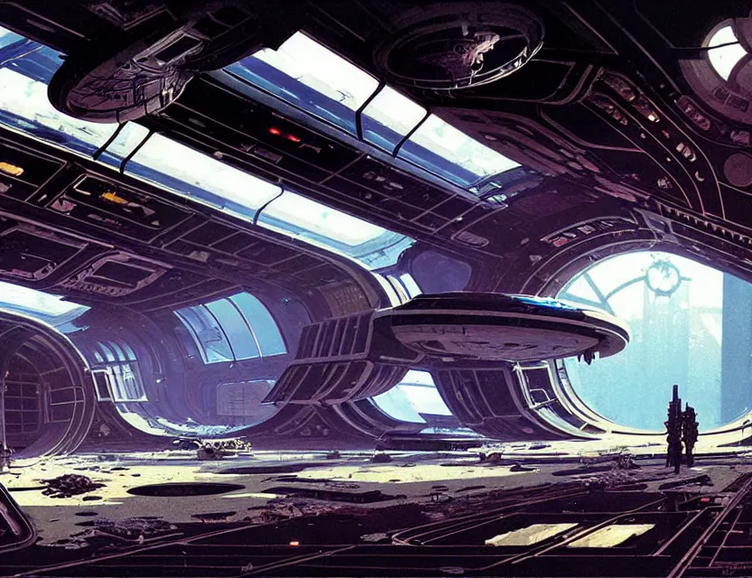 Prompt: concept art of an abandoned space station, by syd mead, cyberpunk, derelict, ancient, intricate details, cinematic, epic