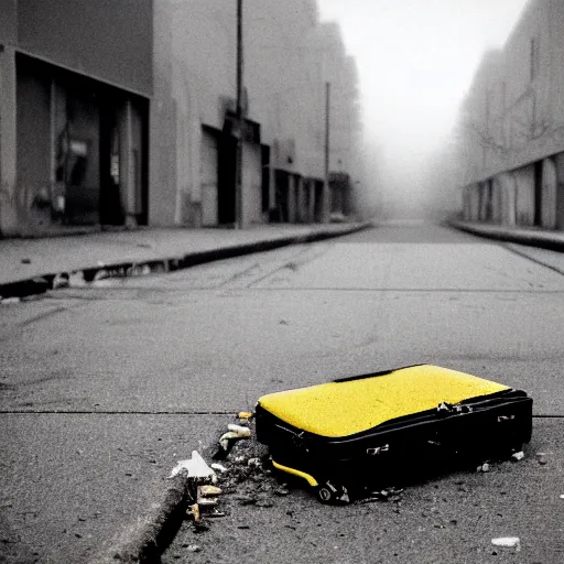 Image similar to Shot from below, of a ransacked empty luggage left on the ground, in a town filled with pale yellow mist. Dystopian. End of the world. Depth of field. Film grain. Award-winning photo. Sigma 40mm f/1.4 DG HSM