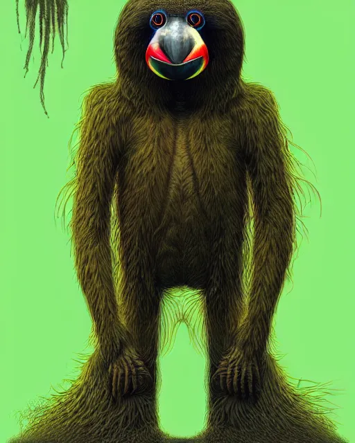 Prompt: realistic bipedal sloth character, long curly fur, full skull shaped face cover, mage robe based on a toucan, 6 toucan beaks, in the style of zdzislaw beksinski, stylized, video animation, hogwarts legacy, chromatic aberration, super natural, neon glow